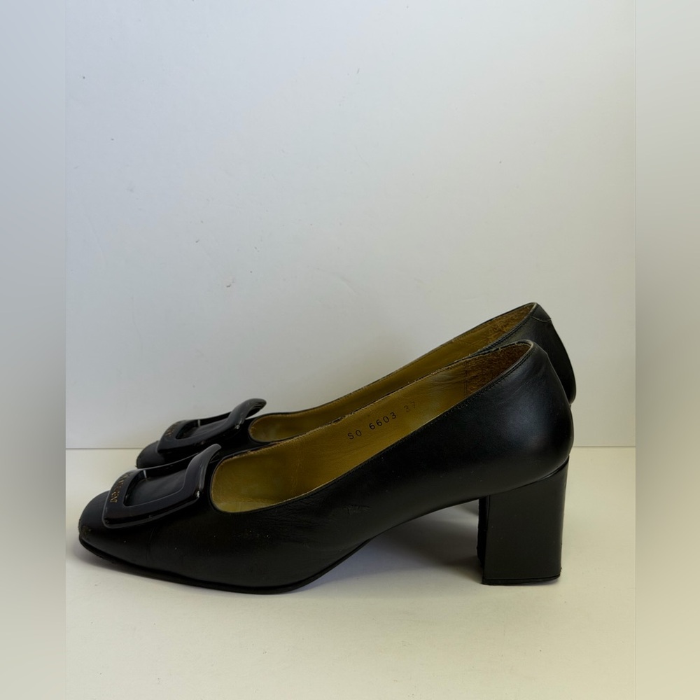 Yves Saint Laurent Black Leather Square-bow Block Heel Pumps Size 37 - Picture 5 of 11